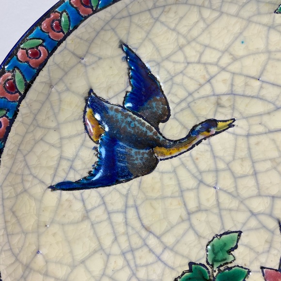 Majolica Longwy 6” Decor Bird Floral Cracked Signed A.M France - Picture 3 of 5